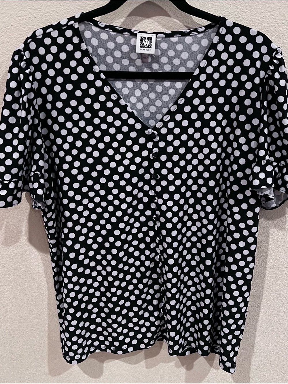 Anne Klein Black and White Polka Dot Flutter Sleeve Blouse